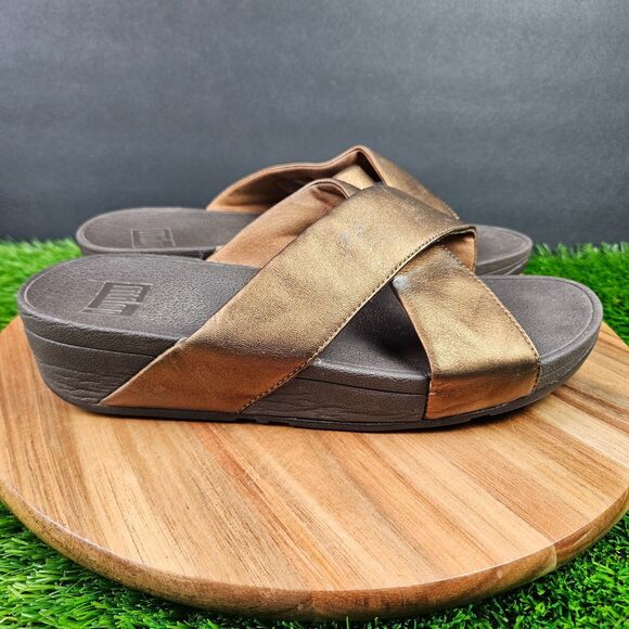 FitFlop Lulu Sandals Women's 9 Bronze Leather Comfort Cross Strap Slide Wedge - Picture 1 of 14
